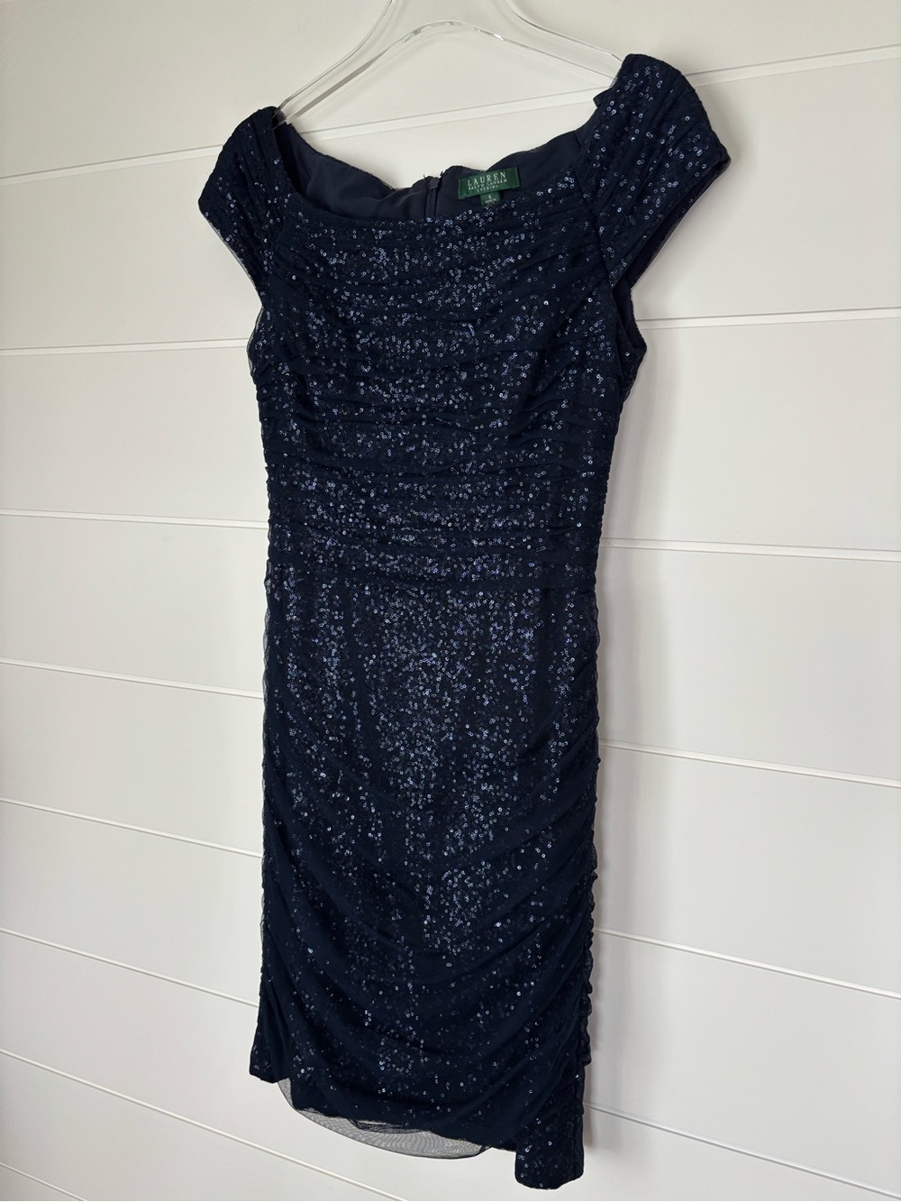 Ralph Lauren Evening Navy Sequined Ruched Cockatil Dress Women's Size 6
